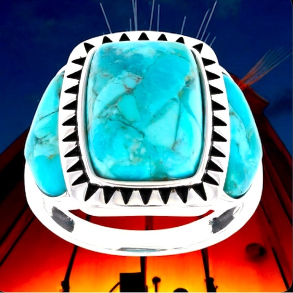 Southwest Blue Turquoise Oxidized Sterling Silver Ring Native American Size 10